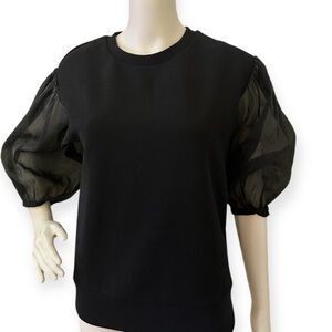 Organza Sleeve Mixed Media Top- Black